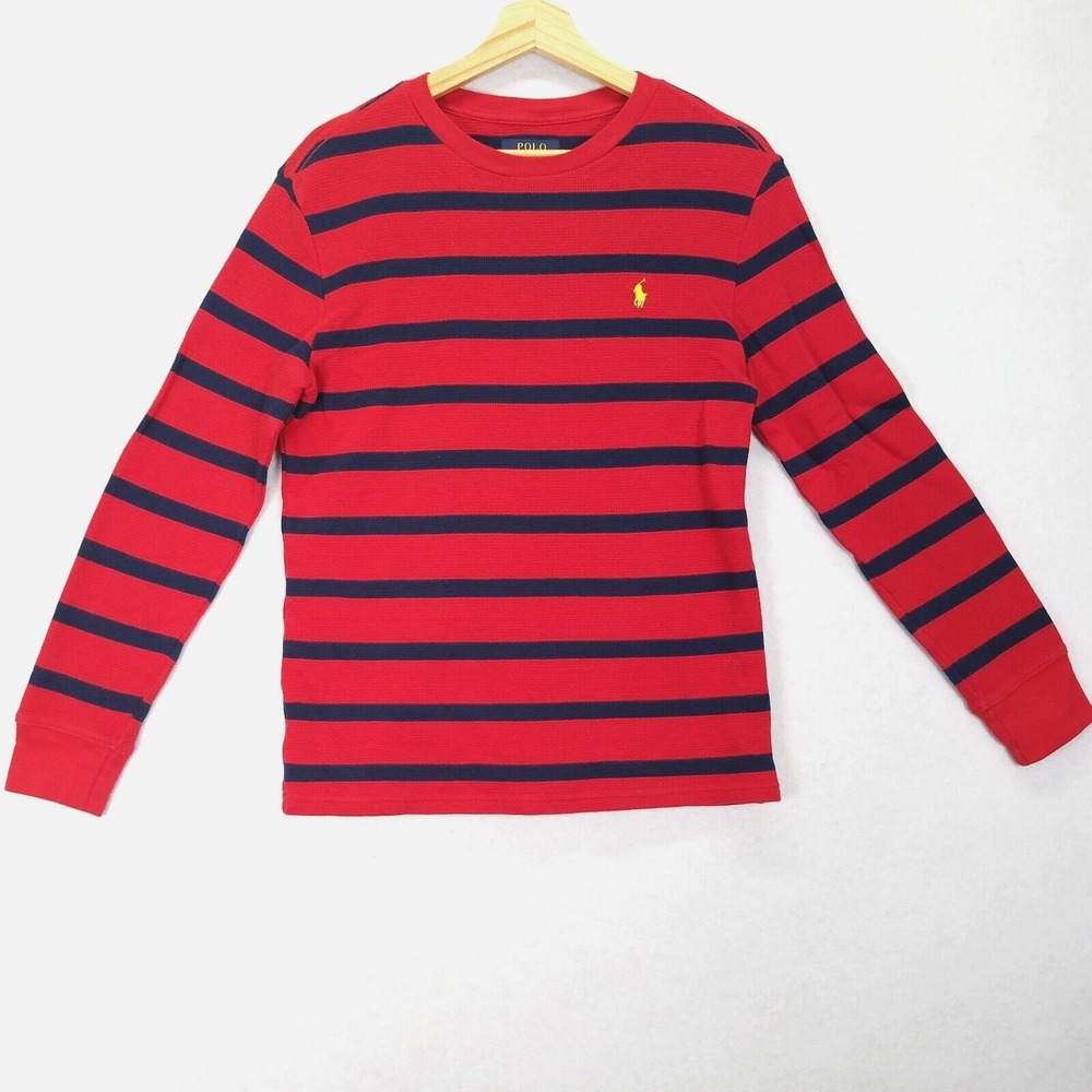 Polo Ralph Lauren Waffle Knit Sweatshirt Youth L 14-16 Red Blue Stripe Crew Neck